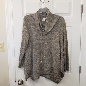 Rafaella weekend, Tan black, cowlneck drawstring, sharkbite hem knit tunic, SZXL